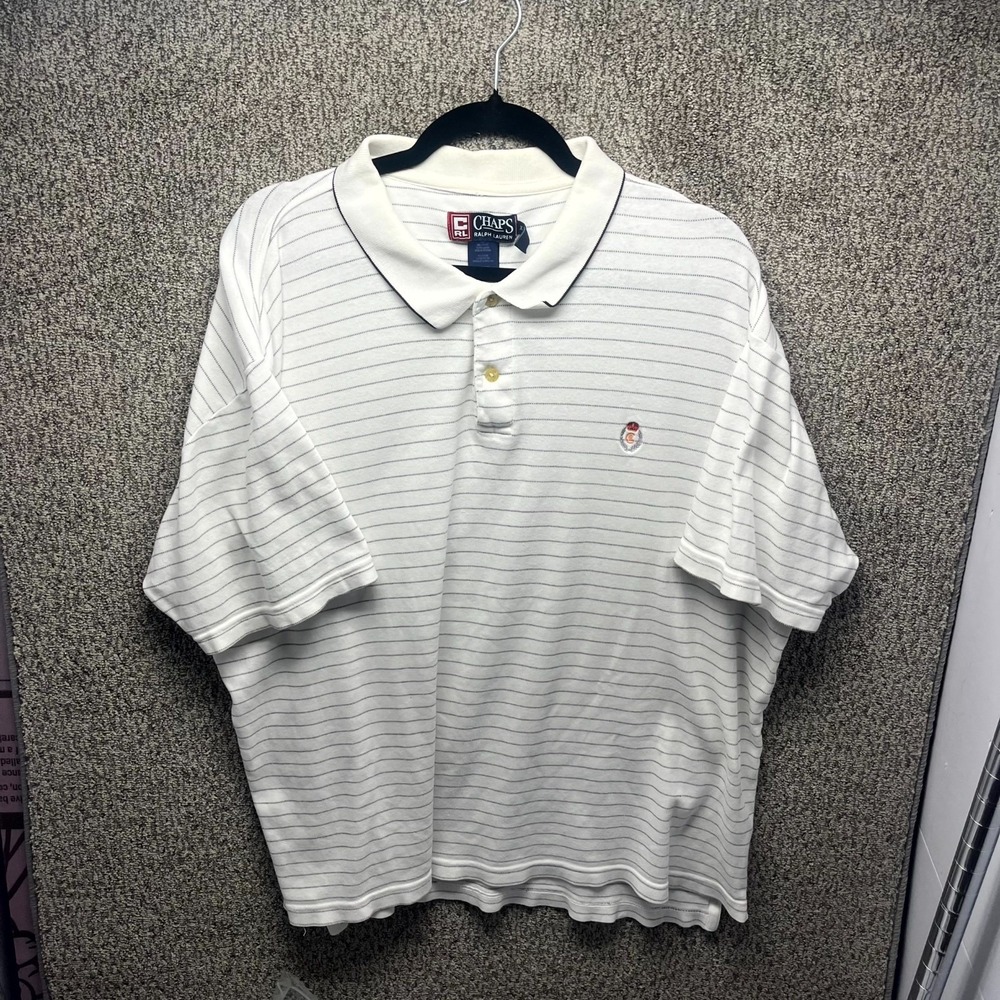 Vintage Chaps Ralph Lauren Polo Shirt Mens 2XL White Striped Logo Short Sleeve